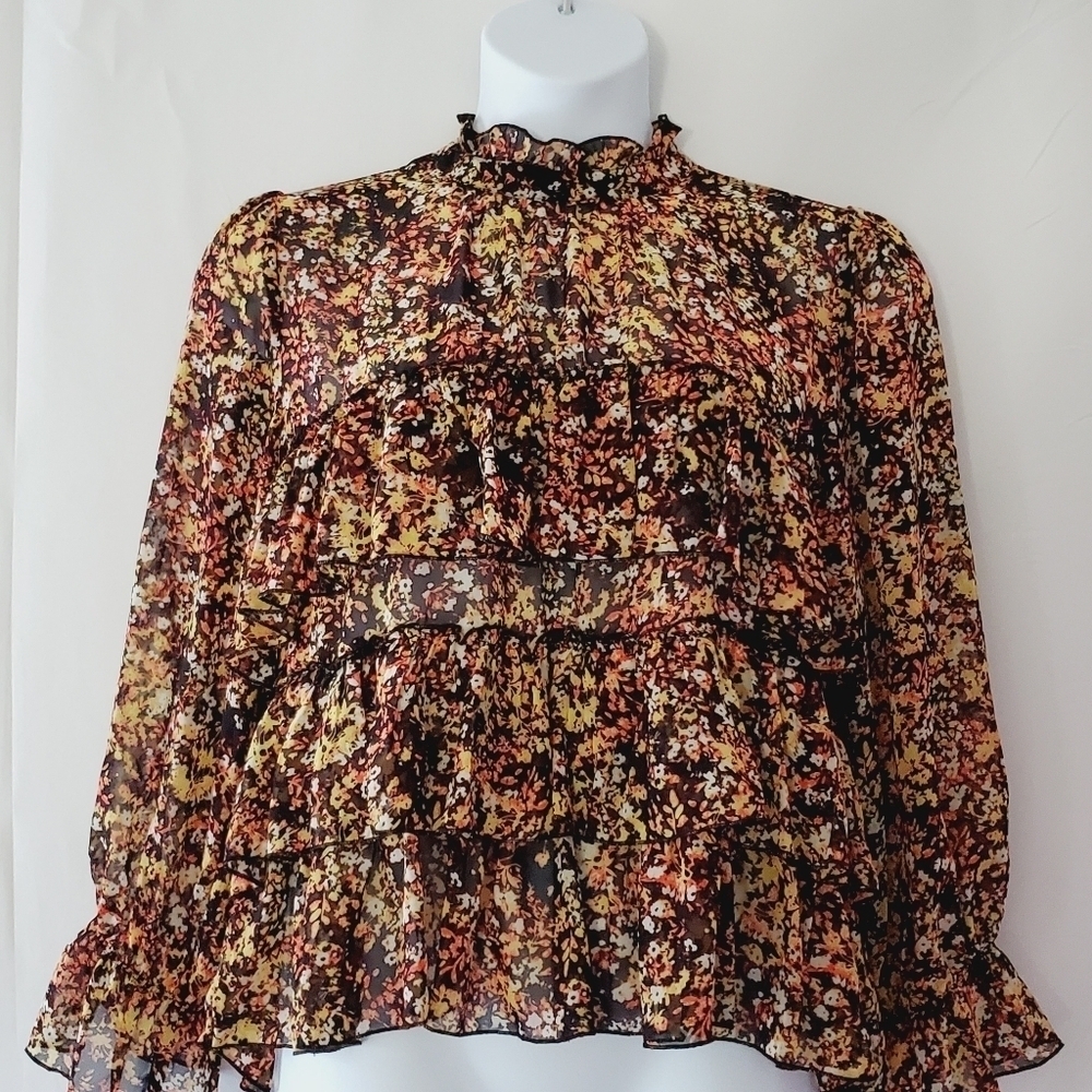 Ruffled Tiered Long‎ Sleeve Top L Whimsigoth High Neck Feminine Shirt Regency